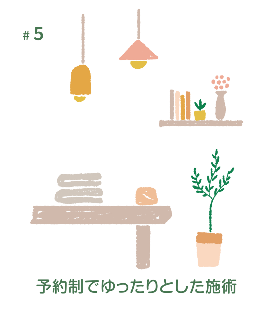 テキスト：予約制でゆったりとした施術